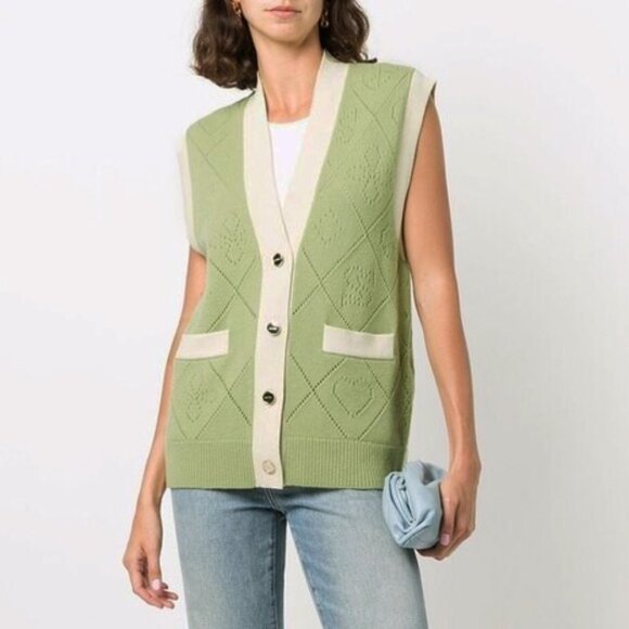 New Sandro Espoir 100% Wool Perforated Logo Sweater Vest Green Ecru Small $340 - Picture 1 of 9